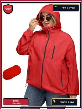 Plus Size Women's Rain Jacket with Hood Waterproof Polyester Windbreaker